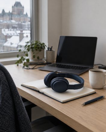 Poste de travail du support Cubik Cloud : casque d’écoute, carnet et vue sur le Vieux-Québec en hiver